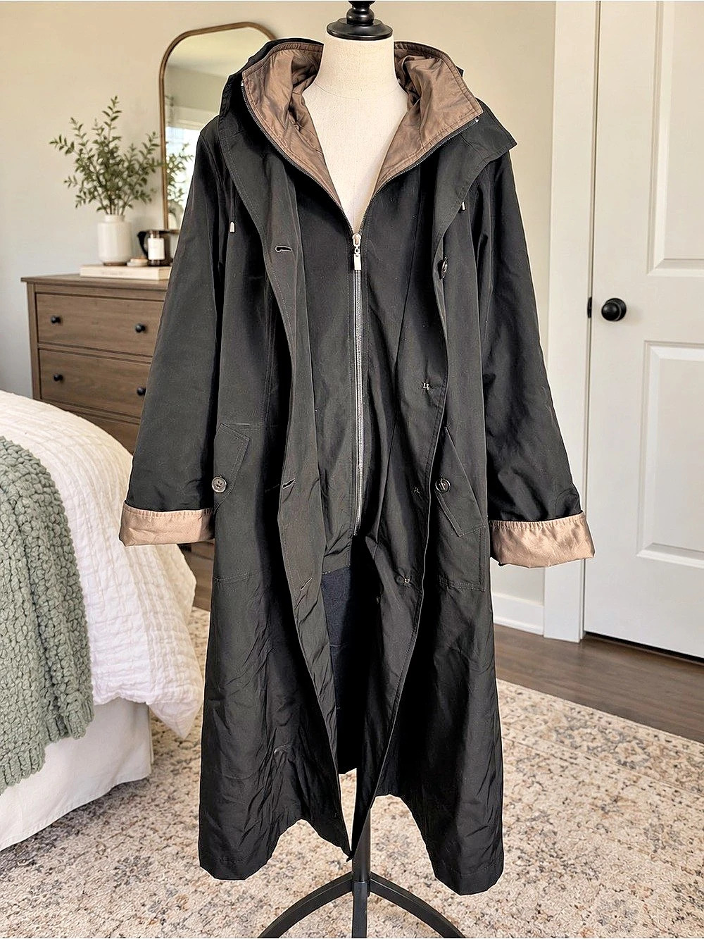 Gallery Hooded Black & Brown Trench Coat Medium